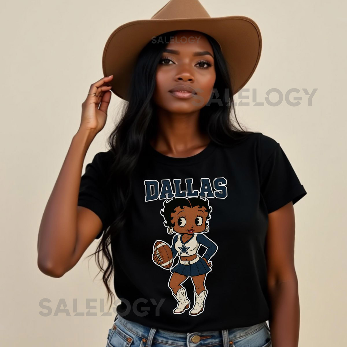 Betty Boop Dallas Football Cheerleader Tee Black Graphic T-Shirt Football Fan Gift Unisex Shirt Top Cowboy Boots_14