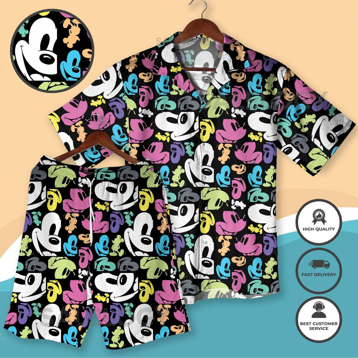Colorful Mickey Hawaiian Shirt and Shorts Retro Pop Art Outfit for Summer Vacation Beachwear 3D All Over Print Shirt Beach Shirt_52