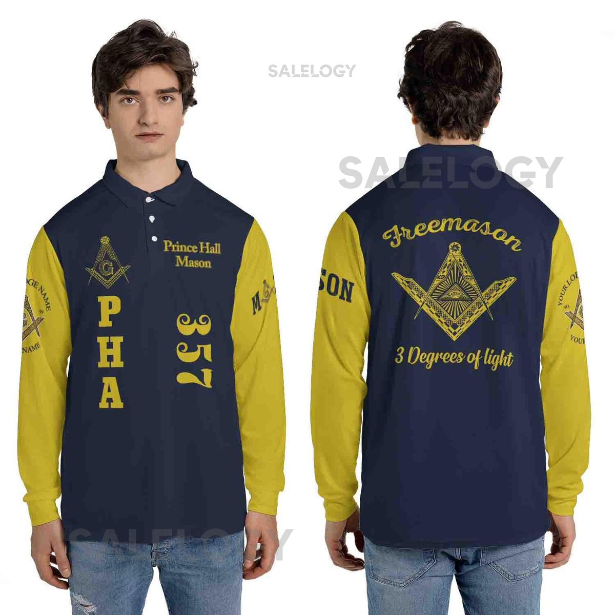 Customized Prince Hall Mason 3 Degrees of Light Freemason Long Sleeve Polo Shirt S-5XL_459
