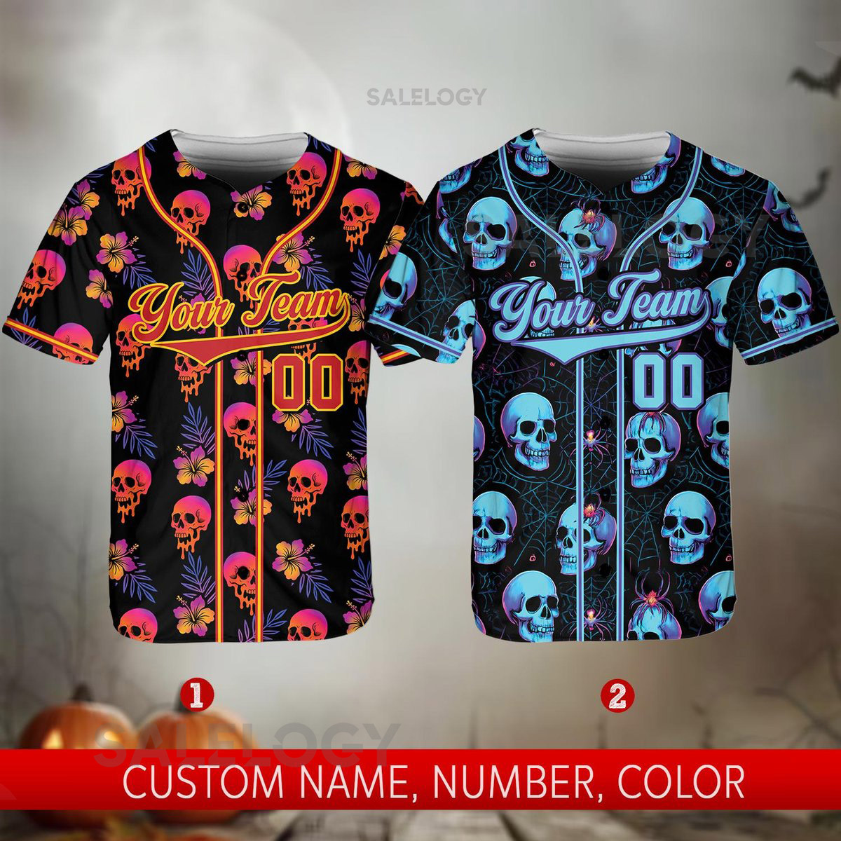Custom Halloween Baseball Jersey for Adult Kid Youth Personalized Name Number Color Jersey Spooky Skull Themed Team Uniform_4