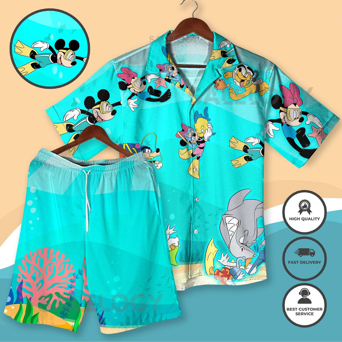 Mickey Friends Underwater Hawaiian Shirt and Shorts Tropical Beachwear Summer Vacation Outfit Ocean Scuba Print Matching Shirt Gifts_150