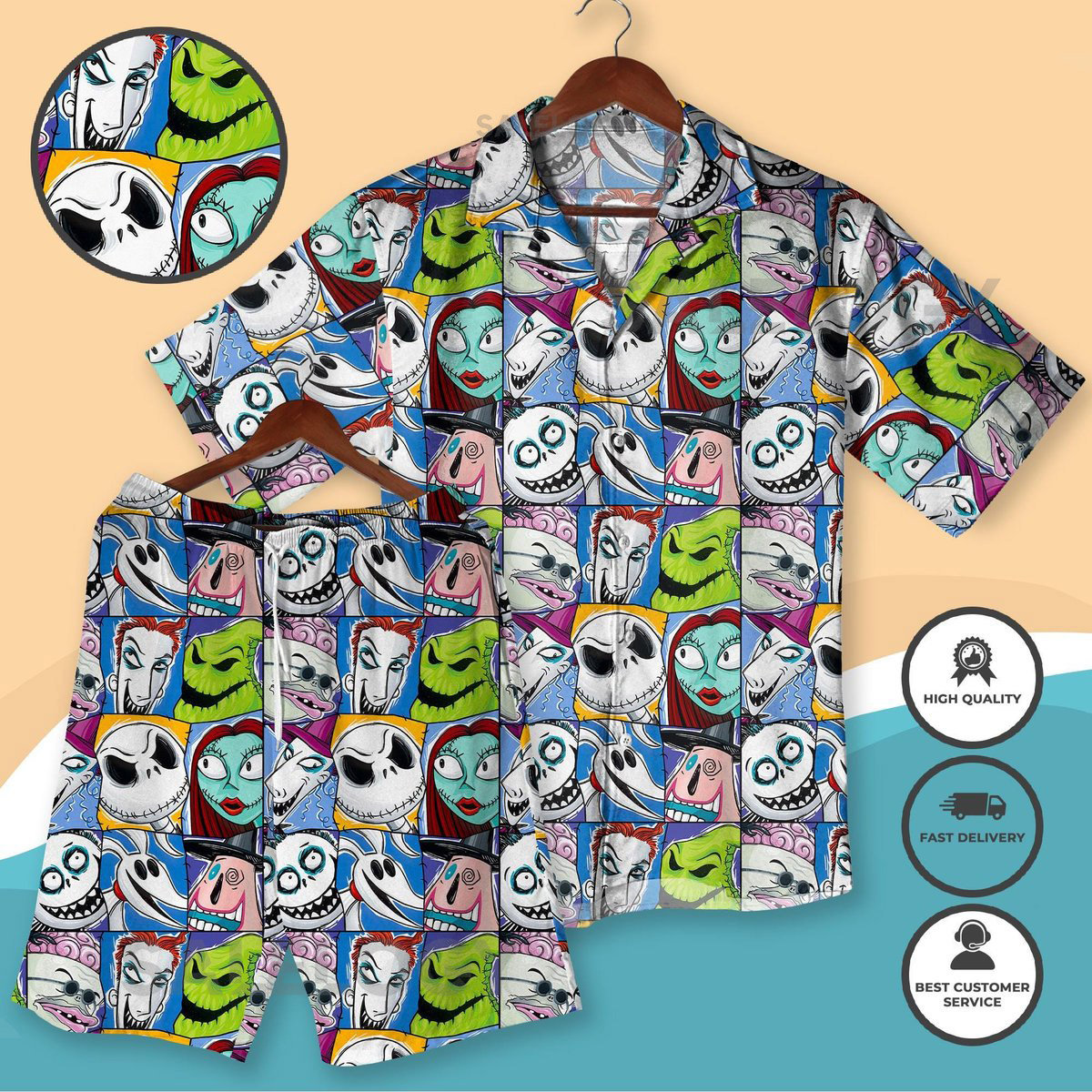 Nightmare Character Hawaiian Shirt Colorful Halloween Christmas Cartoon Faces Summer Outfit Tropical Beachwear Vacation Matching Shirt_205