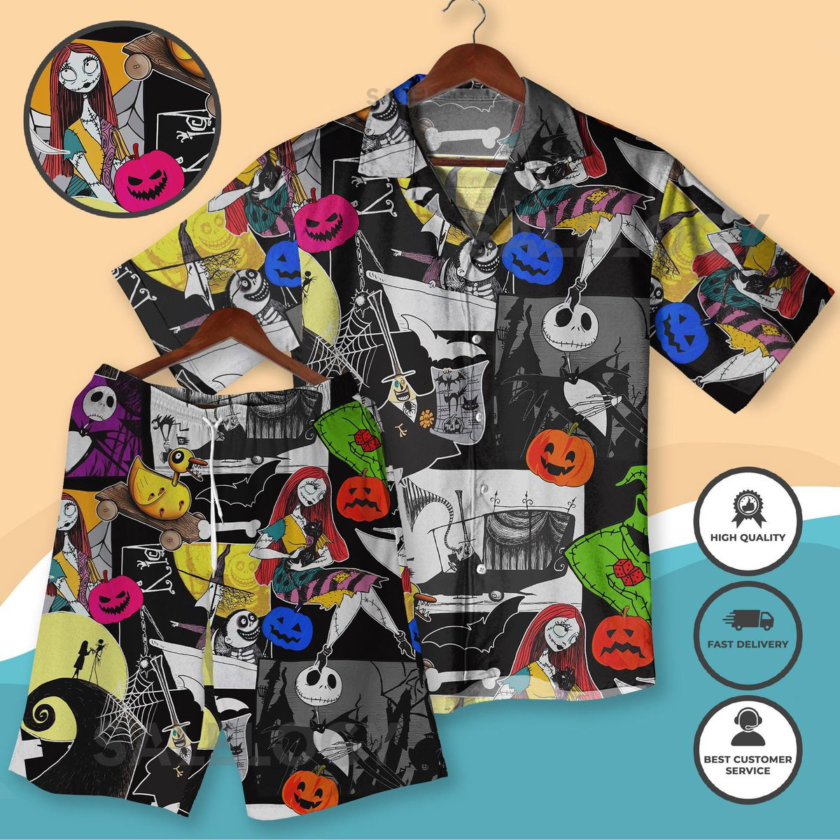 Nightmare Character Hawaiian Shirt Colorful Halloween Christmas Cartoon Faces Summer Outfit Tropical Beachwear Vacation Matching Shirt_206
