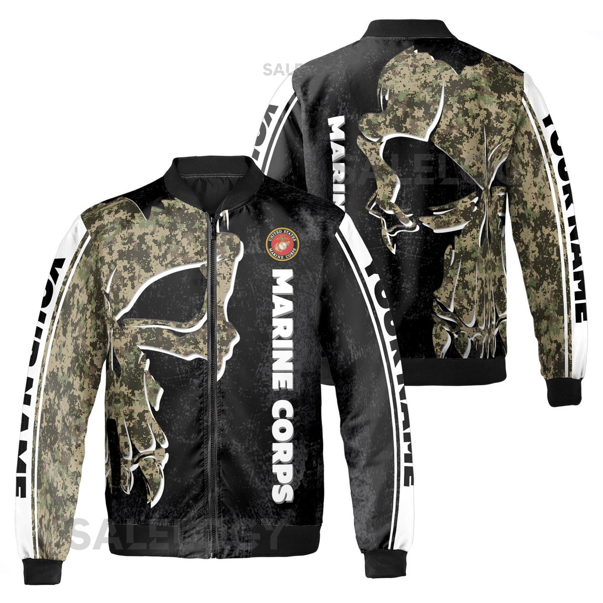 Customize Name Marine Corps Skull Black Camo Pattern Bomber Jacket S-5XL_55
