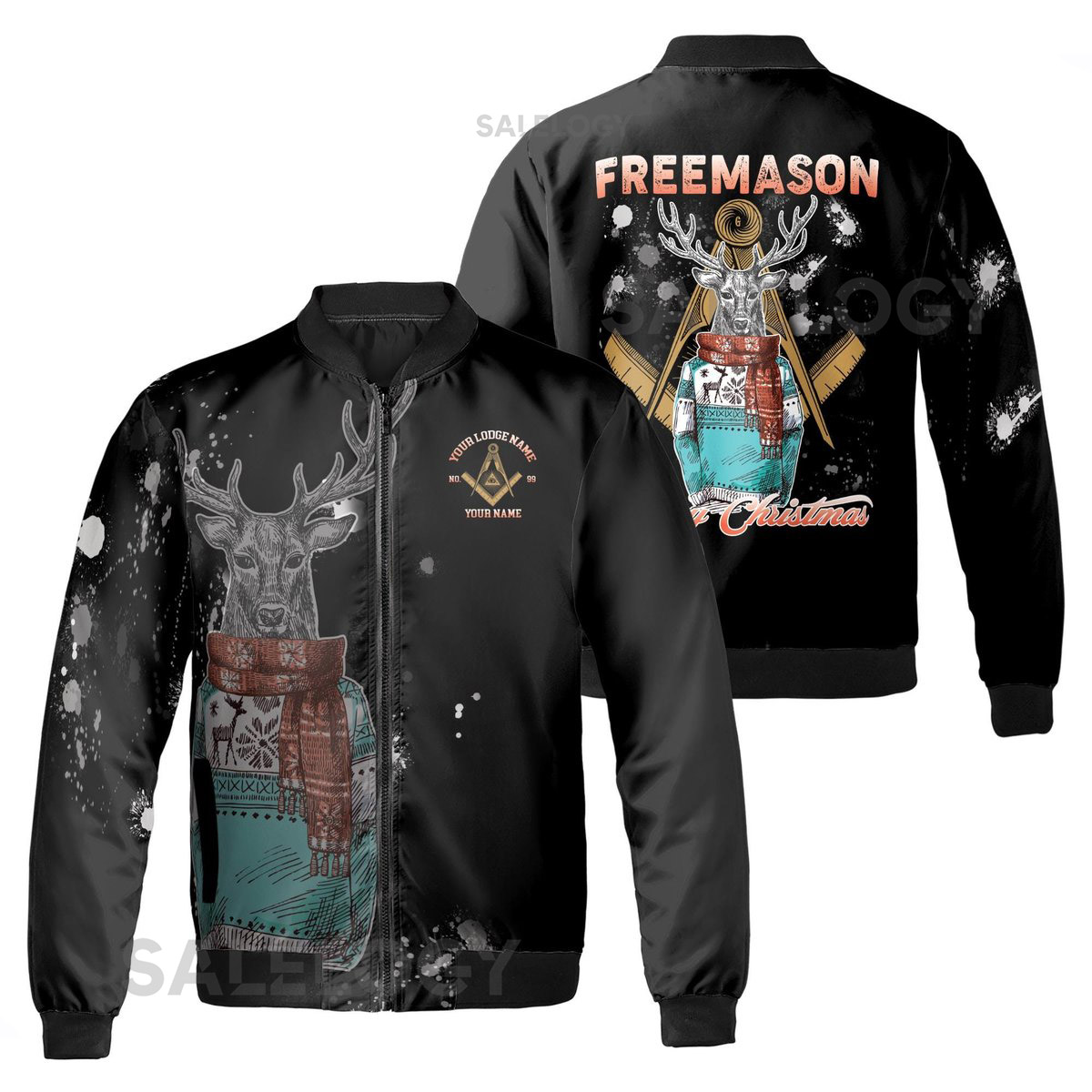 Customize Freemason Christmas Reindeer In Clothing Splashes Pattern Bomber Jacket S-5XL_42