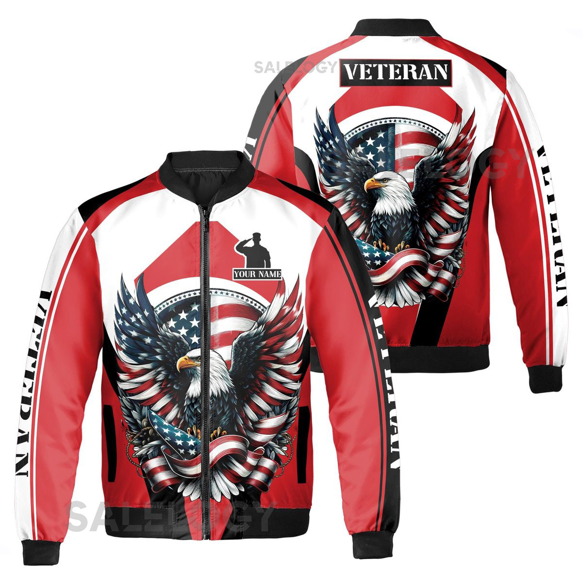 Customize Name Veteran Salute America Flag Eagle Stars Patriotic Red Bomber Jacket S-5XL_60