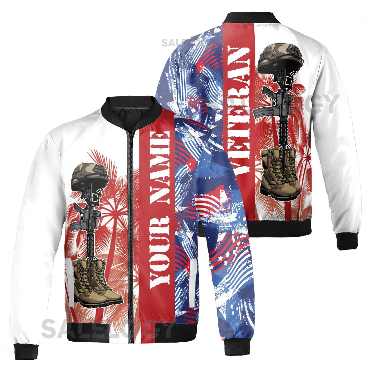 Customize Name Veteran America Palm Trees Pattern White Red Blue Bomber Jacket S-5XL_58