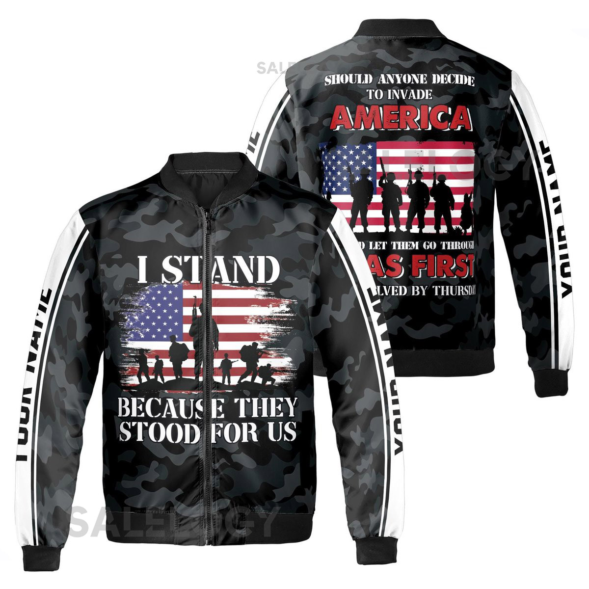 Customize Name Veteran Quote I Stand Because Camo Black Bomber Jacket S-5XL_59