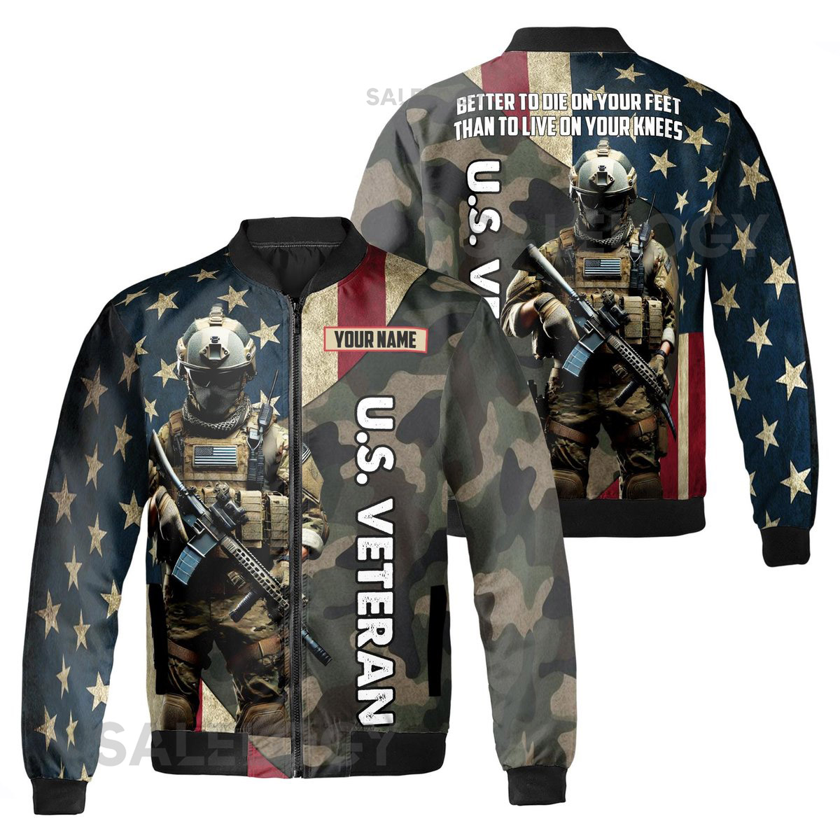 Customize Name U.S Veteran Quote America Flag Camo Pattern Dark Colors Bomber Jacket S-5XL_57