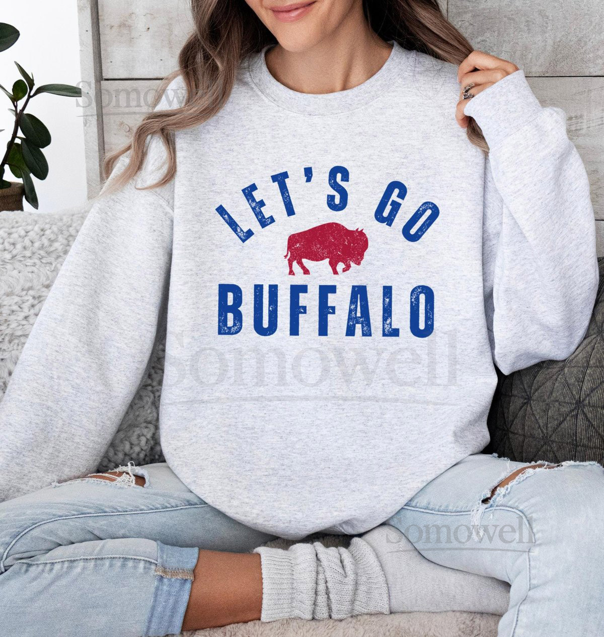 Vintage Distressed Style Print quotLet's Go Buffaloquot Football Backers Tailgate Crew Neck Sweatshirt Playoffs Fan Gift Buffalo Mafia 716 BUF_56
