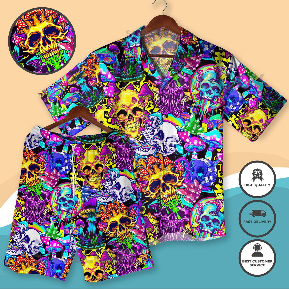 Halloween Psychedelic Skull Hawaiian Shirt Shorts Trippy Neon Mushroom Aloha Outfit Festival Beachwear for Men Women Halloween Skull Shirts_107