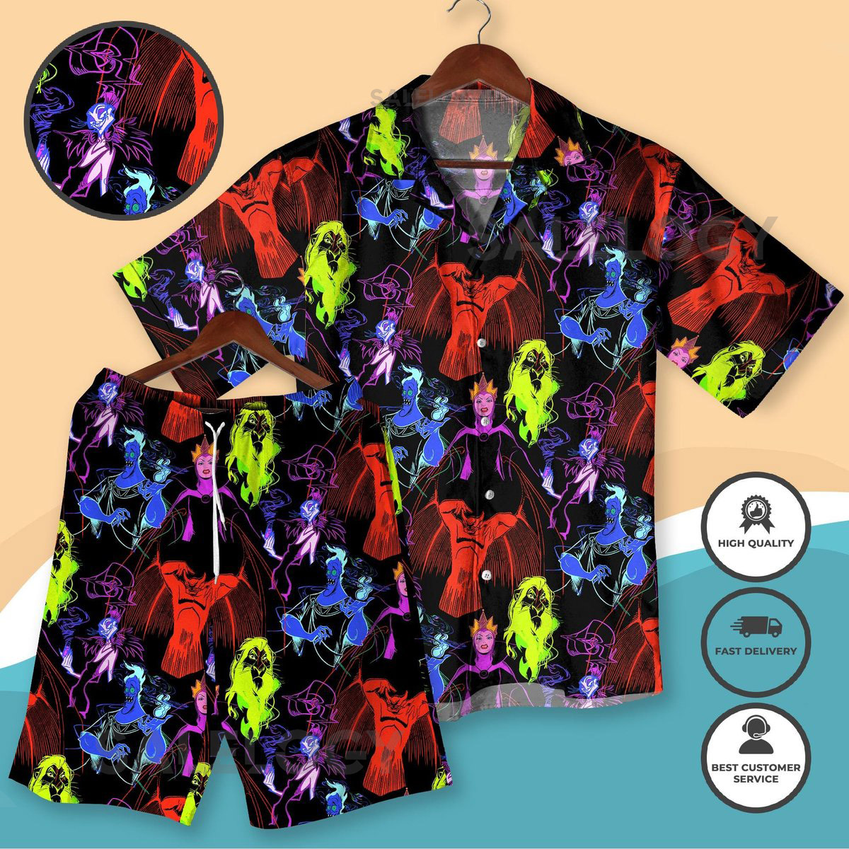 Villain Hawaiian Shirt Neon Evil Queen Ursula Outfit Colorful Villains Button-Up Shirt Shorts Festival Beachwear Christmas Halloween Shirt_288