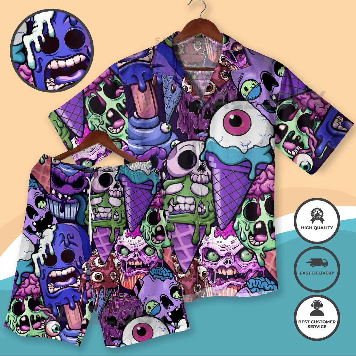 Monster Ice Cream Hawaiian Shirt Halloween Creepy Vacation Outfit Horror Cartoon Print Cute Festival Beach Matching Shirt Halloween Gifts_199