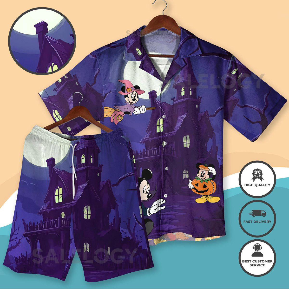 Halloween Mickey Minnie Hawaiian Shirt Minnie Witch Haunted House Outfit Mickey Matching Shirt and Shorts Halloween Spooky Vacation Look_101