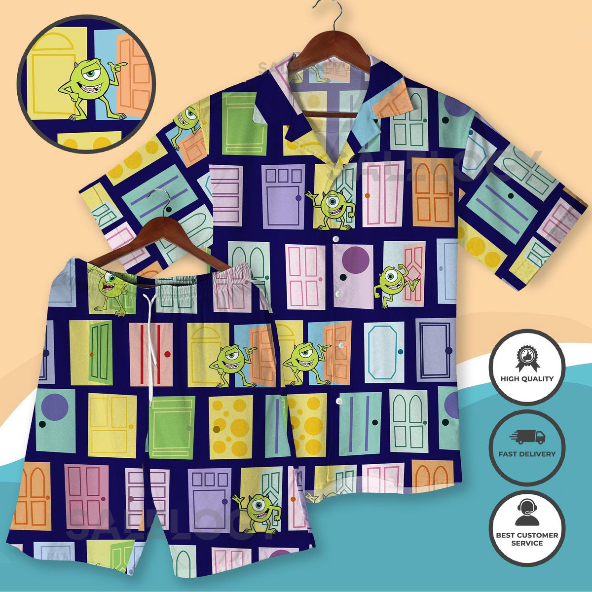 Colorful Halloween Monsters Hawaiian Shirt Shorts Mike Wazowski Door Pattern Summer Outfit Funny Halloween Cartoon Vacation Beachwear Gifts_50