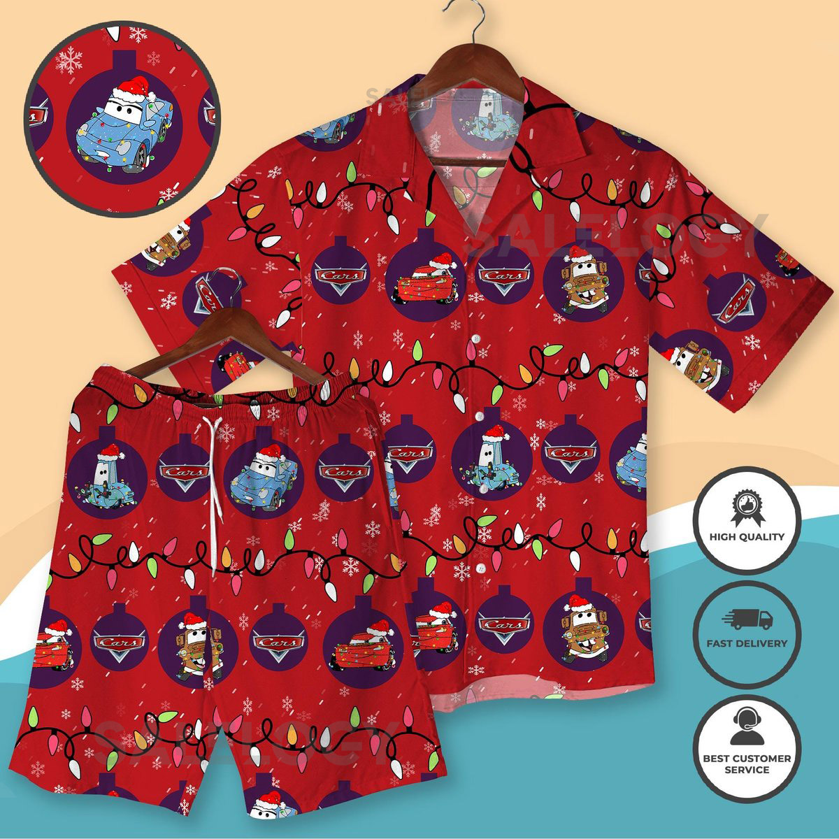 Funny Cars Christmas Hawaiian Shirt Shorts Lightning McQueen Shirt Red Mater Holiday Print Christmas Vacation Beach Outfit for Men Women_72