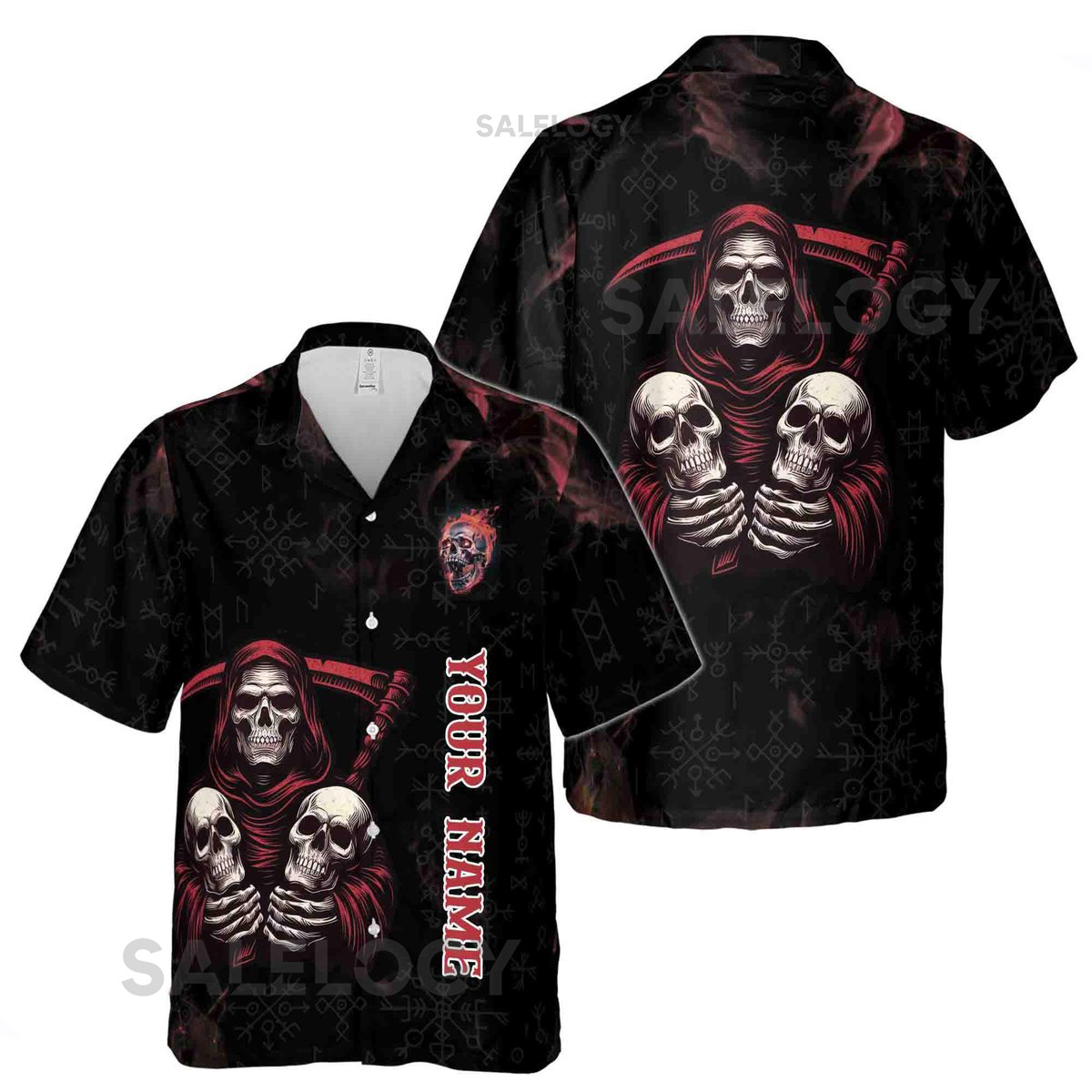 Customize Name Grim Reaper Scythe And Skulls Fire Runes Pattern Hawaiian Shirt S-5XL_24