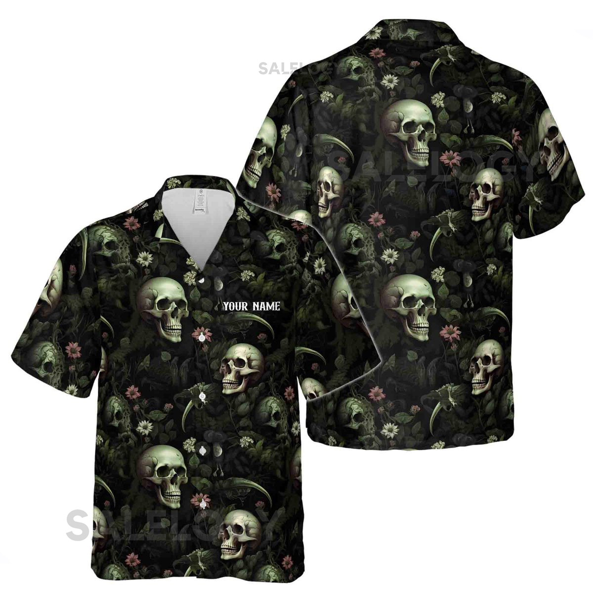 Customize Name Skull Mossy Forest Pattern Green Black Hawaiian Shirt S-5XL_31