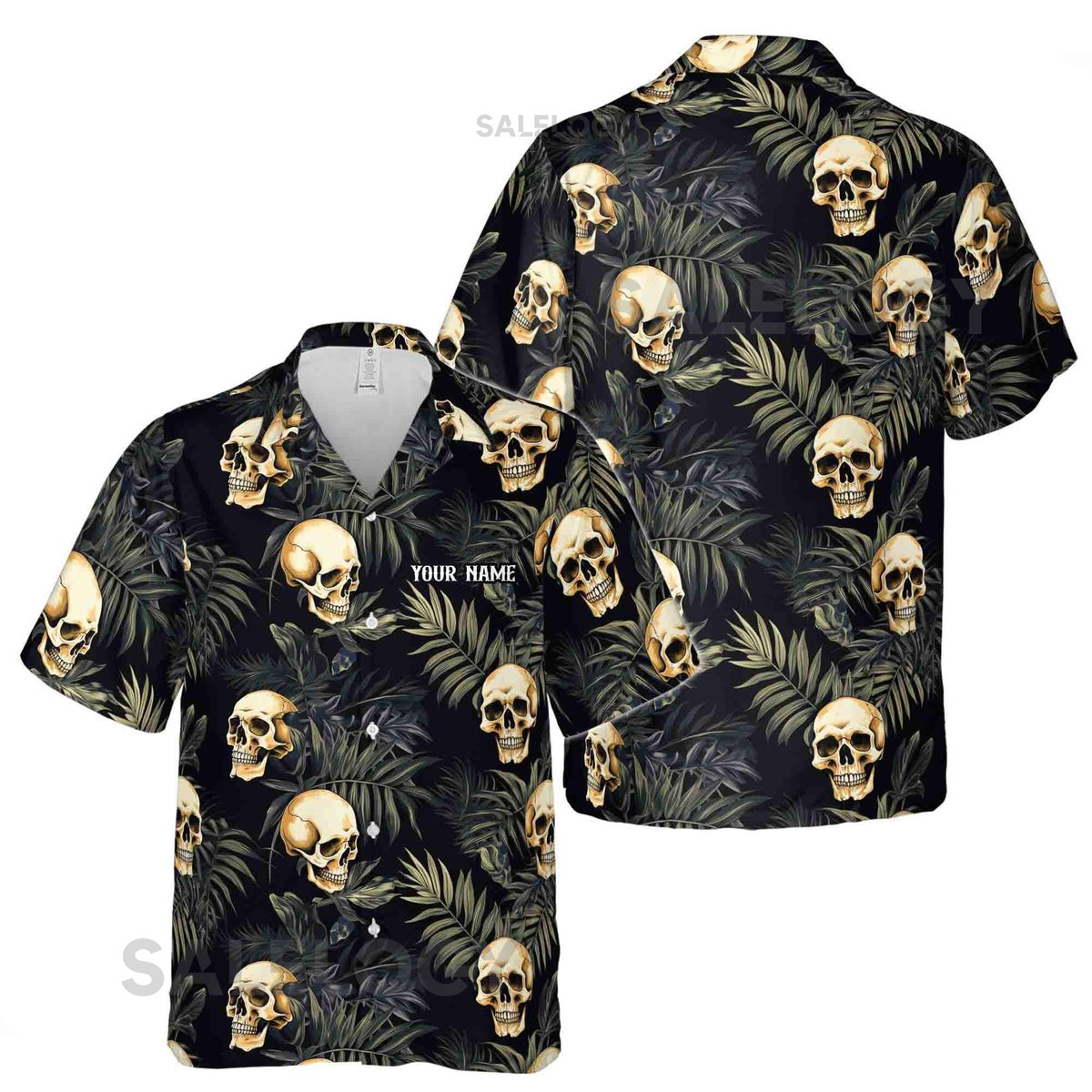 Customize Name Skull And Leaves Pattern Black Hawaiian Shirt S-5XL_29