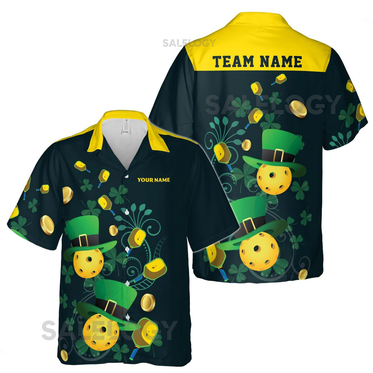 Custom Name Pickleball Hawaiian Shirt Lucky Irish Clover Pattern_13