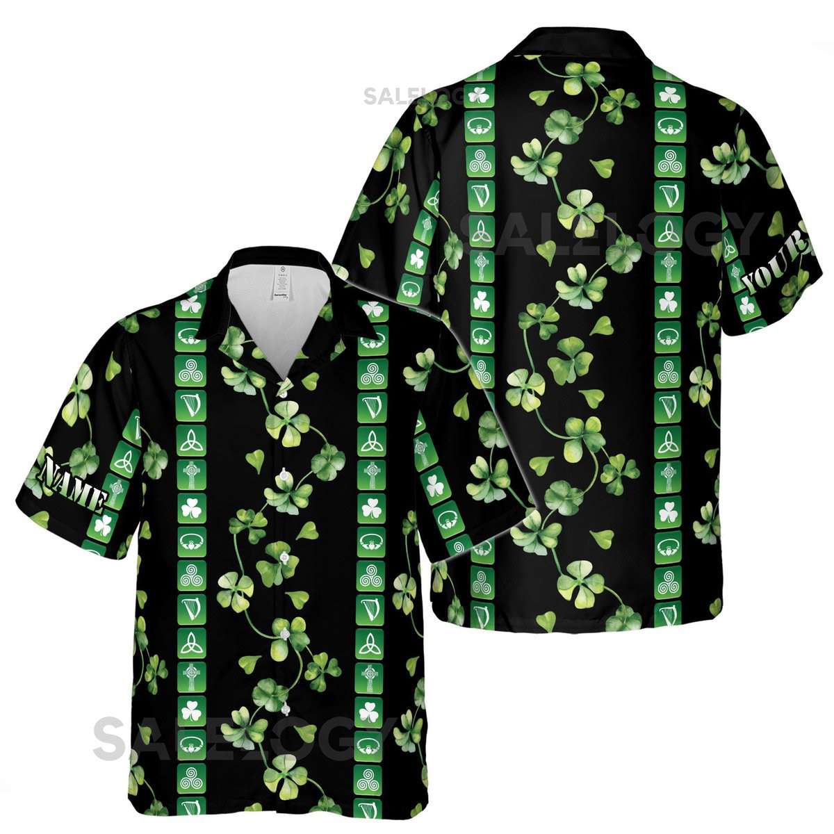 Customize Name Irish Culture Iconography Clover Pattern Black Hawaiian Shirt S-5XL_26