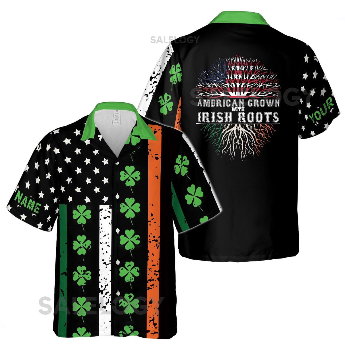 Customize Name American Grown With Irish Roots Clover Pattern Black Hawaiian Shirt S-5XL_19