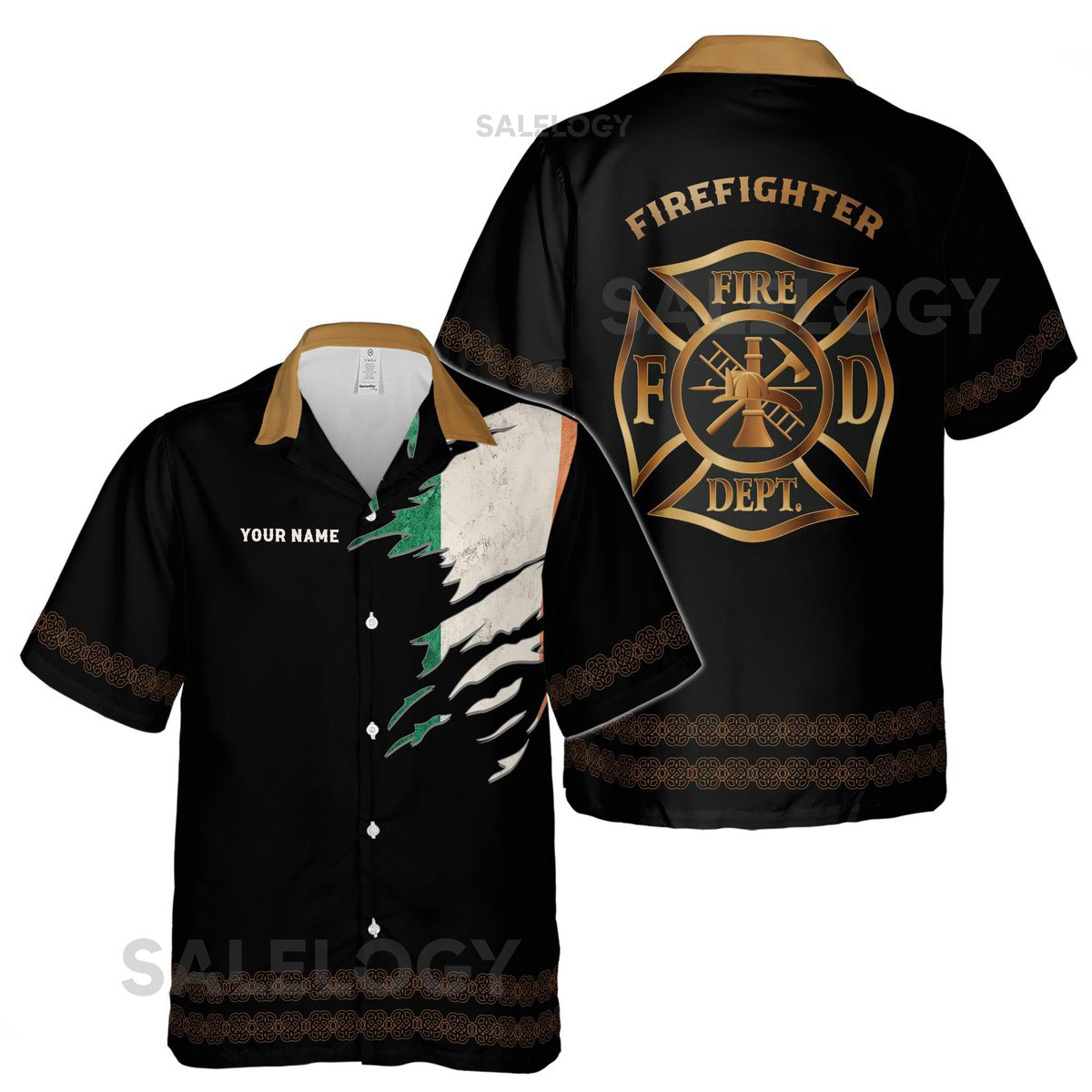 Customize Name Ireland Flag Firefighter Department Black Hawaiian Shirt S-5XL_25