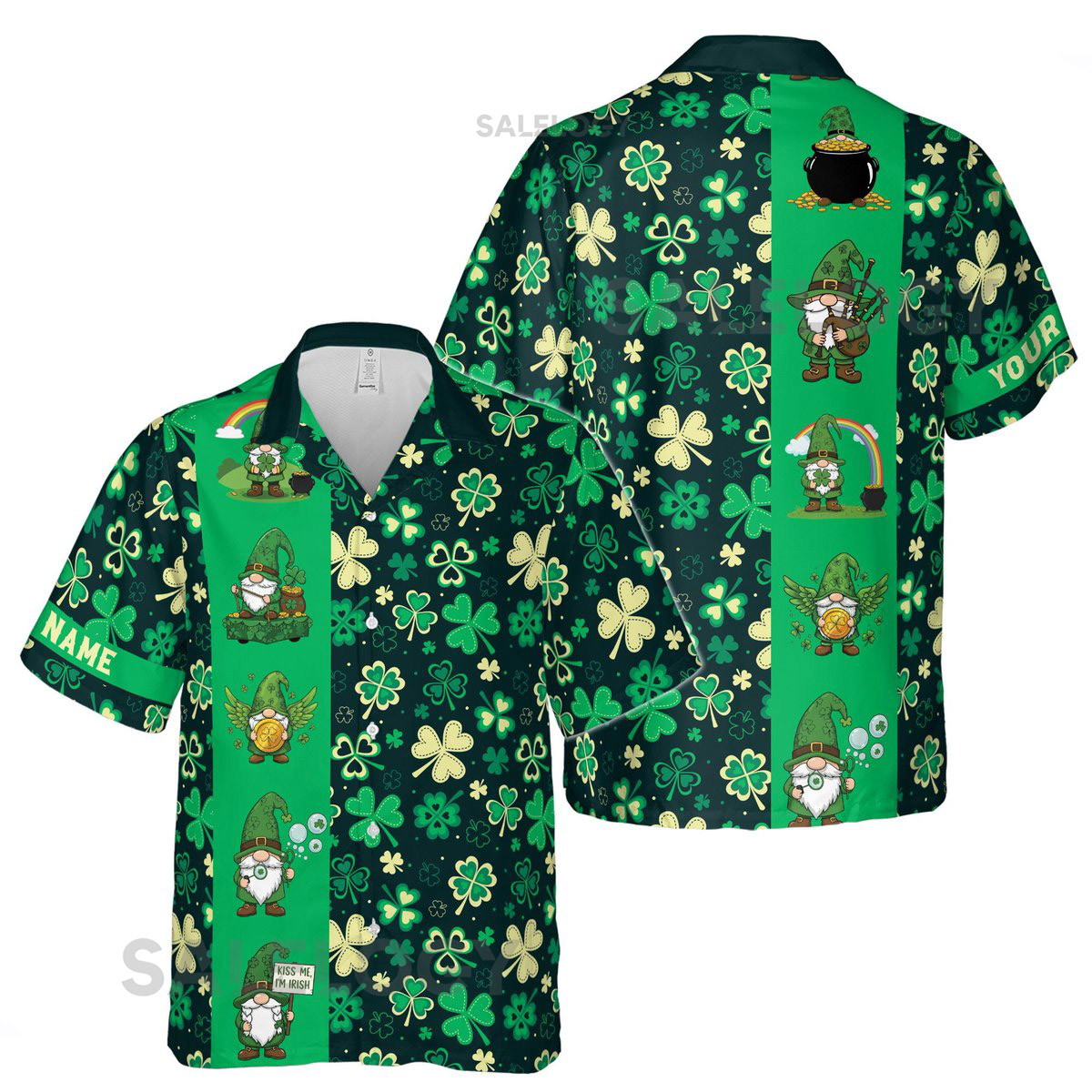 Customize Name Lucky Leprechaun Shamrock Clover Pattern Green Black Hawaiian Shirt S-5XL_27