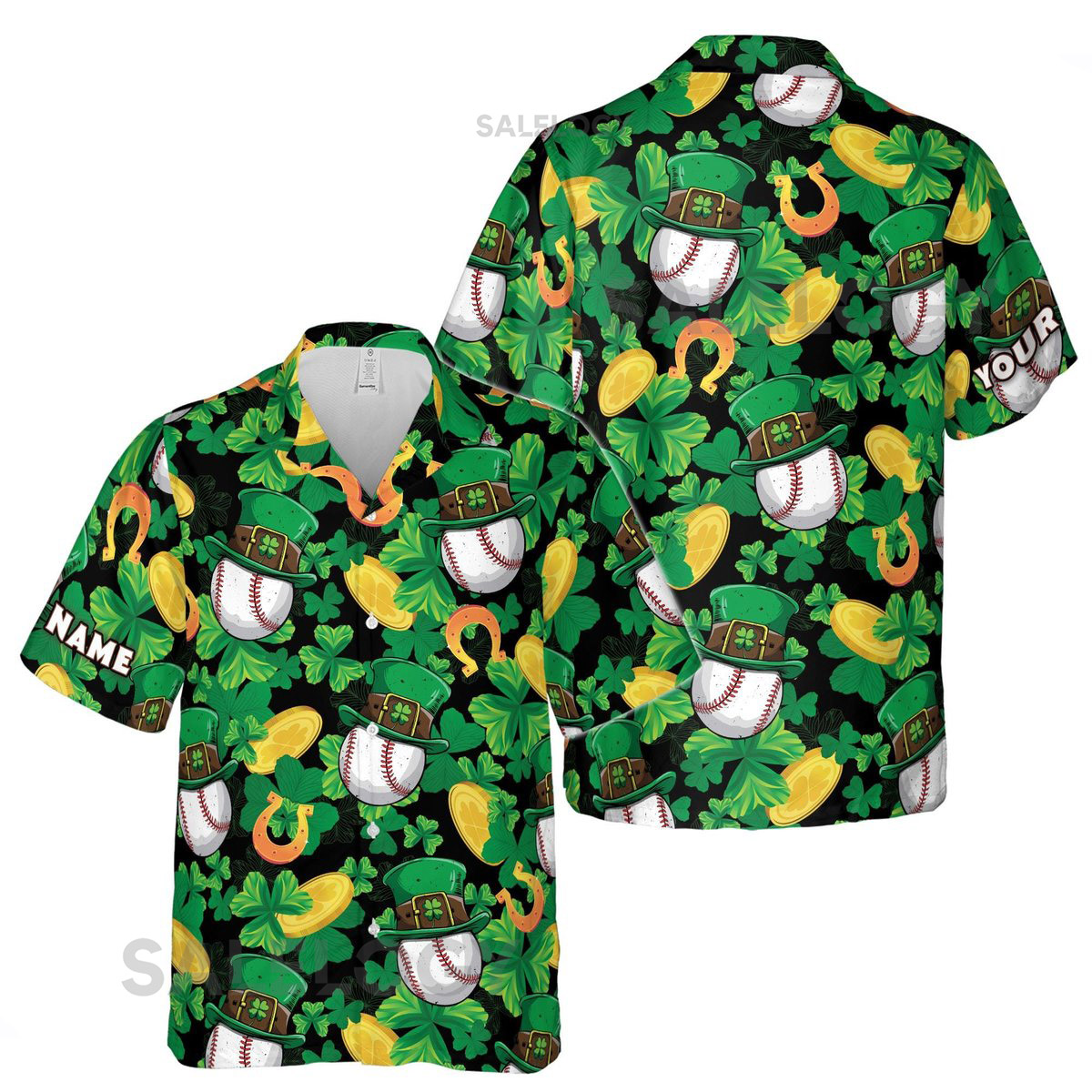 Customize Name Baseball Lucky Irish Cap Four Leaf Clover Black Hawaiian Shirt S-5XL_20