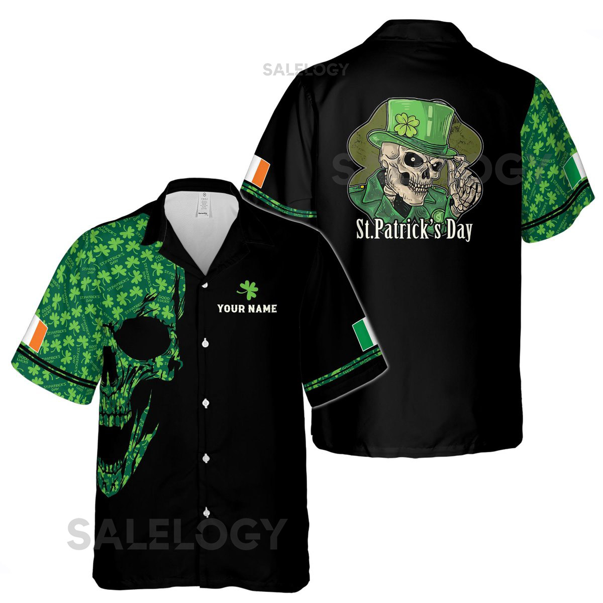 Custom Name Skeleton Irish Flag Clover Pattern Black Hawaiian Shirt S-5XL_14