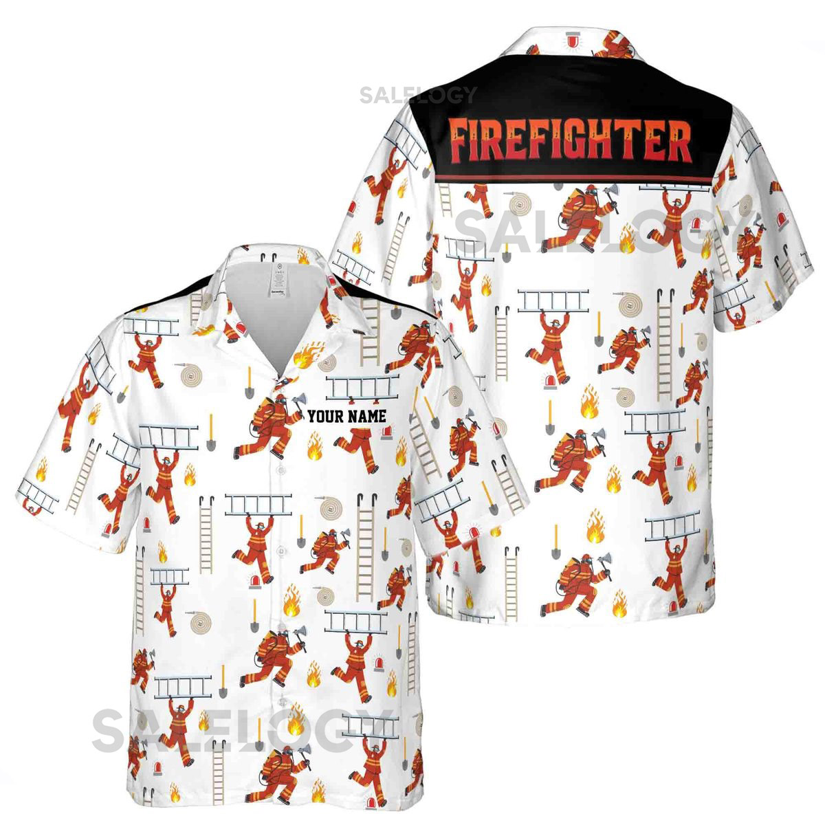 Custom Name Firefighter And Equipments Theme Pattern White Hawaiian Shirt S-5XL_10