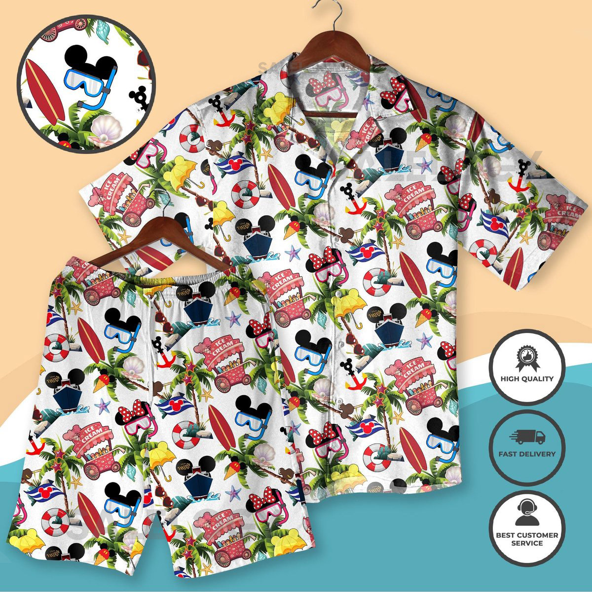 Mickey Hawaiian Shirt Summer Beach Vacation Outfit Mickey Ice Cream Aloha Shirt Shorts Unisex Matching Outfit Halloween Christmas Gifts_160