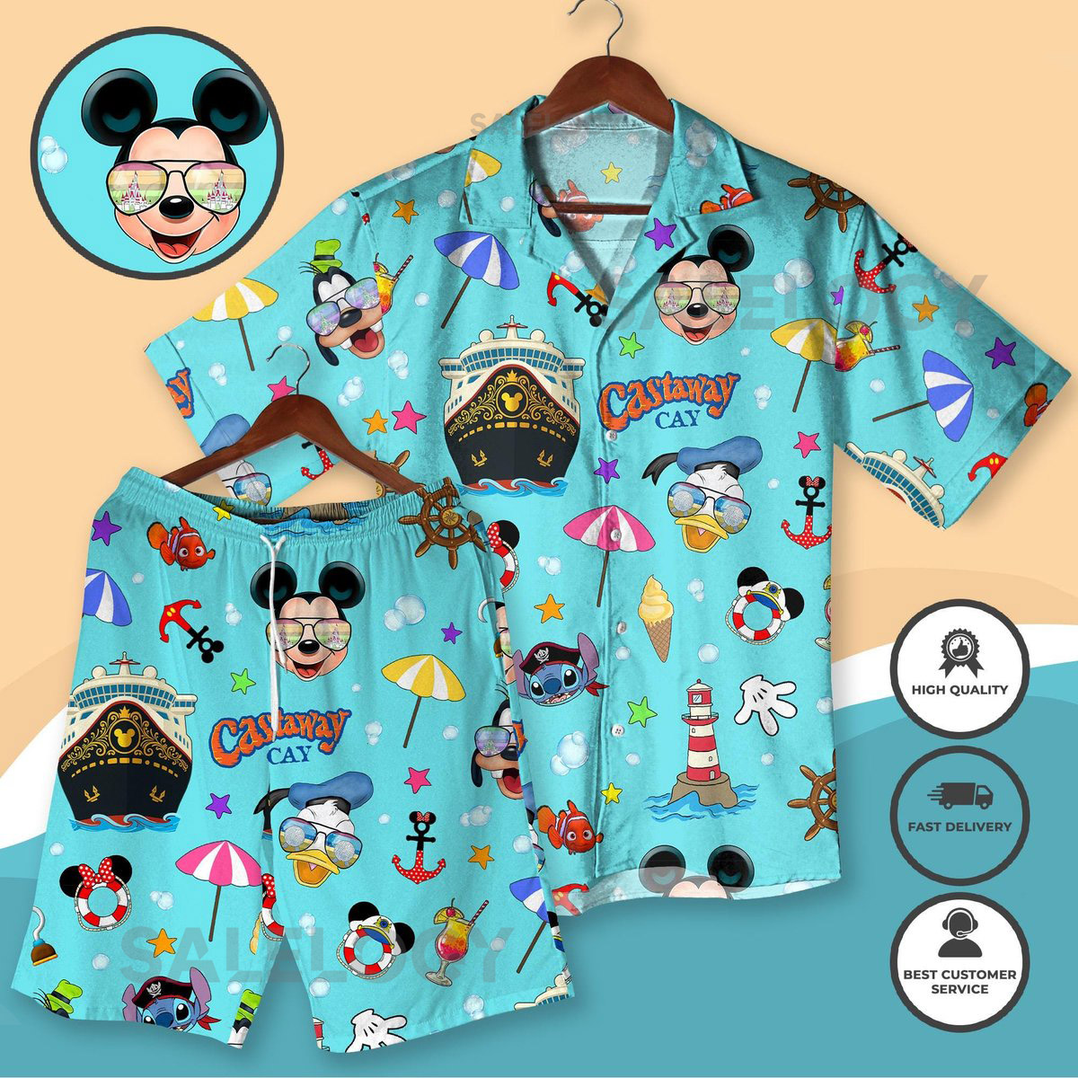 Mickey Mouse Captain Hawaiian Shirt And Shorts Set Miceky Cruise Outfit Nautical Beach Apparel Sailor Mickey Vacation Wear Family Trip_170