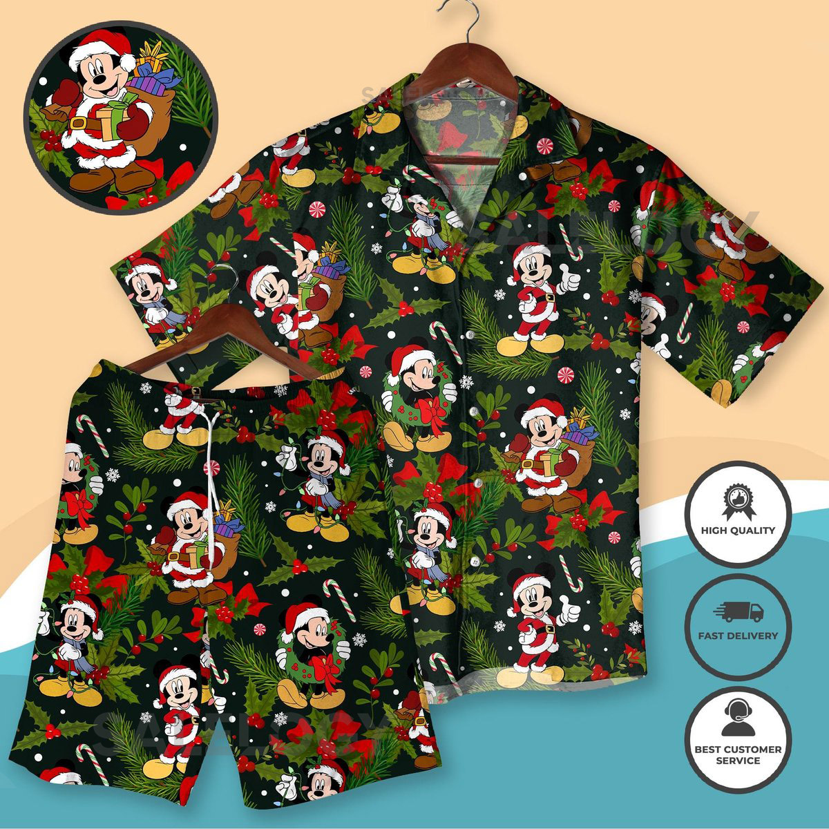 Christmas Mickey Hawaiian Shirt Set Holiday Vacation Outfit Santa Claus Mickey Minnie Button Down Shorts Festive Xmas Matching Set Gifts_38