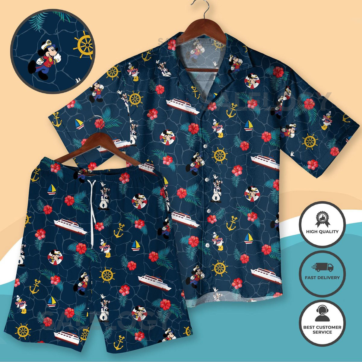 Mickey Mouse Captain Hawaiian Shirt And Shorts Set Miceky Cruise Outfit Nautical Beach Apparel Sailor Mickey Vacation Wear Family Trip_171