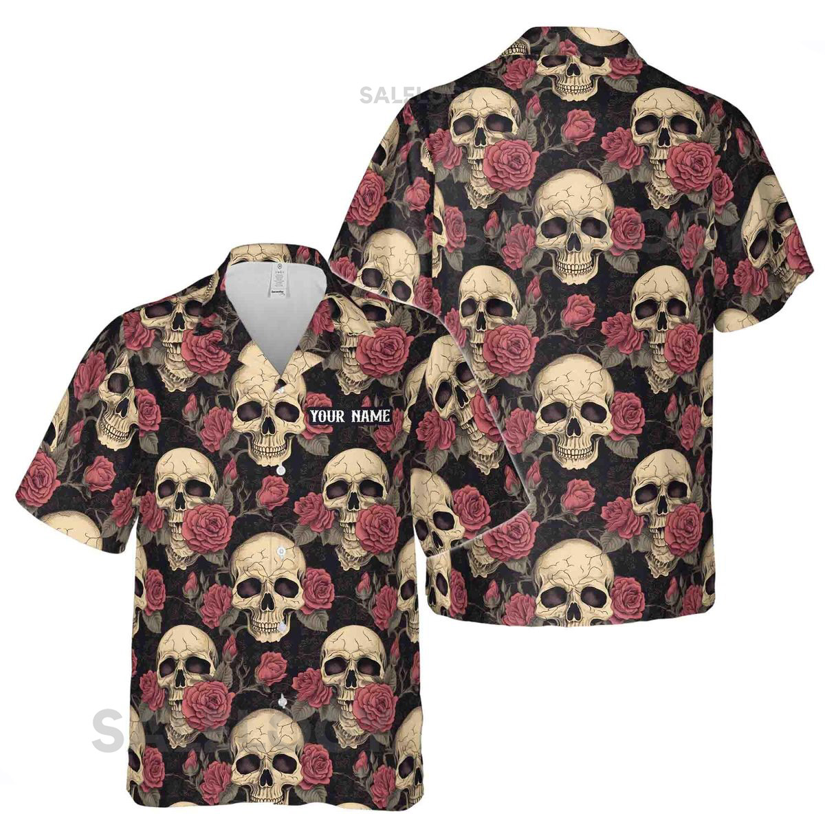 Customize Name Skull And Red Rose Gothic Pattern Black Hawaiian Shirt S-5XL_30