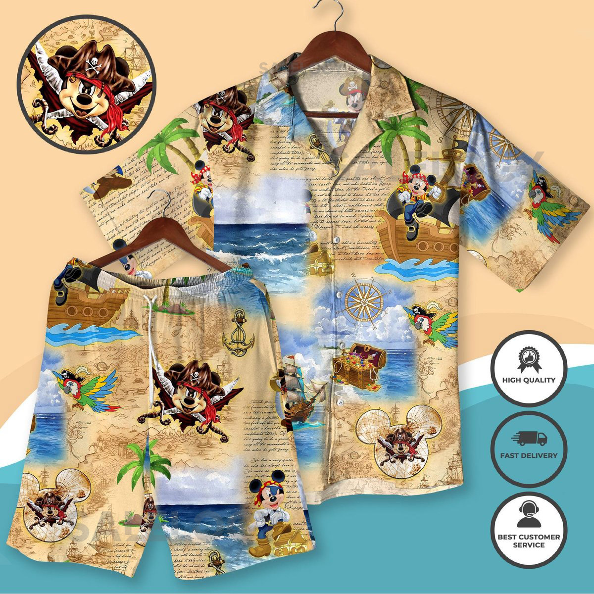 Mickey Pirate Hawaiian Shirt Shorts Tropical Beach Outfit Men Women Fun Mickey Pirate Map Vacation Shirt Summer Mickey Cruise Party Outfit_192