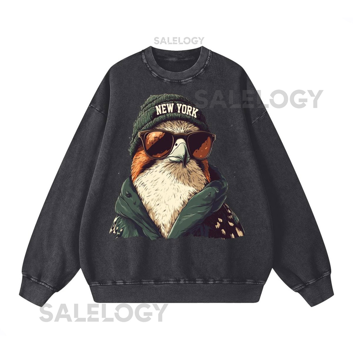 New York Spirit Animal Sweatshirt Vintage Style Oversize Crewneck Acid Wash Game Day Sweater_376