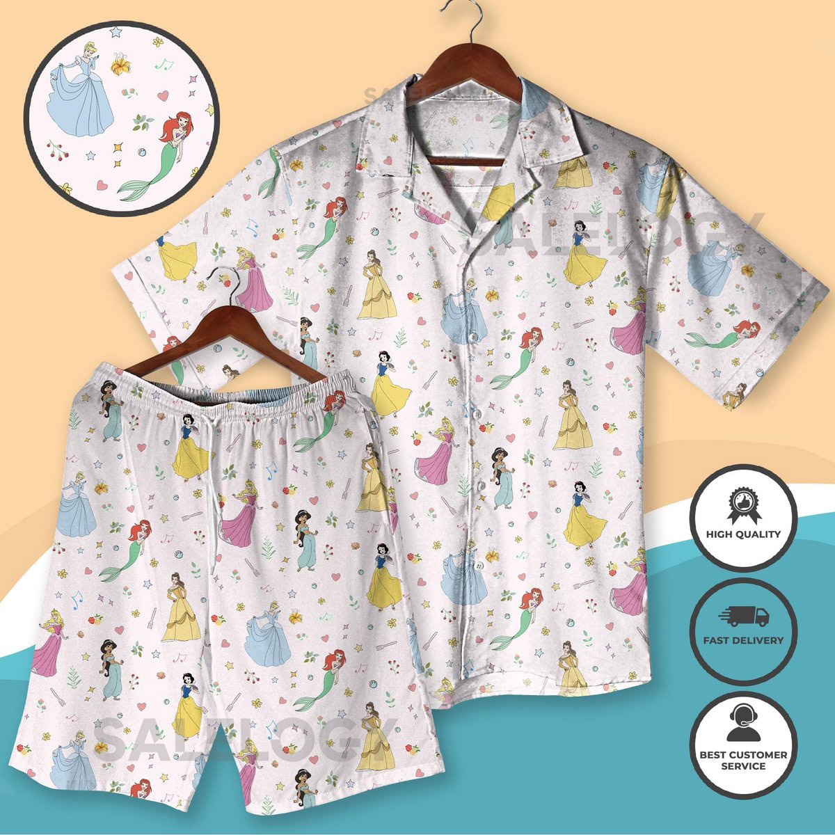 Princess Hawaiian Shirt and Shorts Cute Cartoon Summer Outfit Vacation Clothes Matching Family Resort Party Outfit Princess Shirt for Women_214