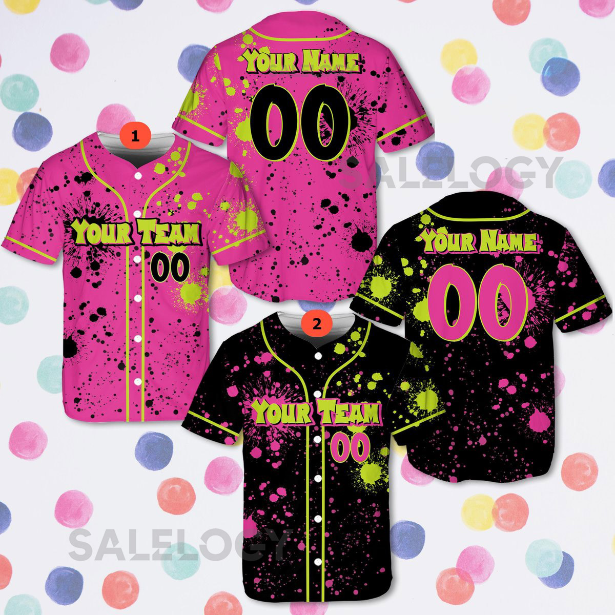 Personalized Team Name Number Baseball Jersey Adult Kid Youth Custom Neon Splatter Jersey Pink Black Paint Splatter Shirt Sport Uniform_641