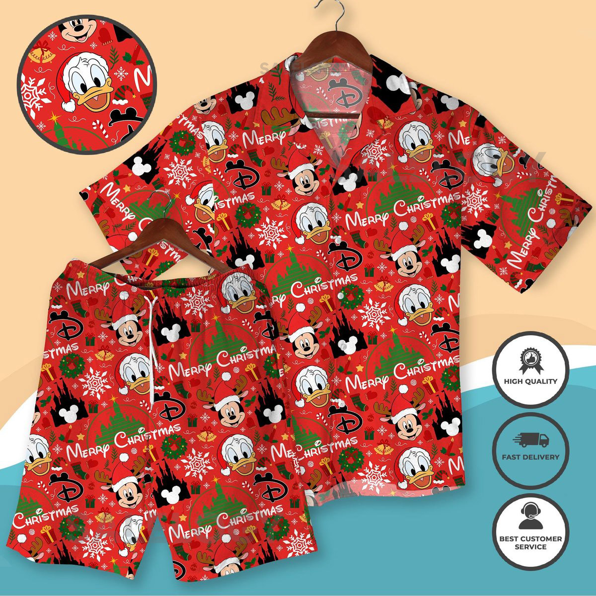 Christmas Hawaiian Shirt Set Mickey Minnie Goofy Donald Pluto Christmas Shirt Holiday Cartoon Aloha Shirt Hawaiian Shirt Xmas Outfit_32