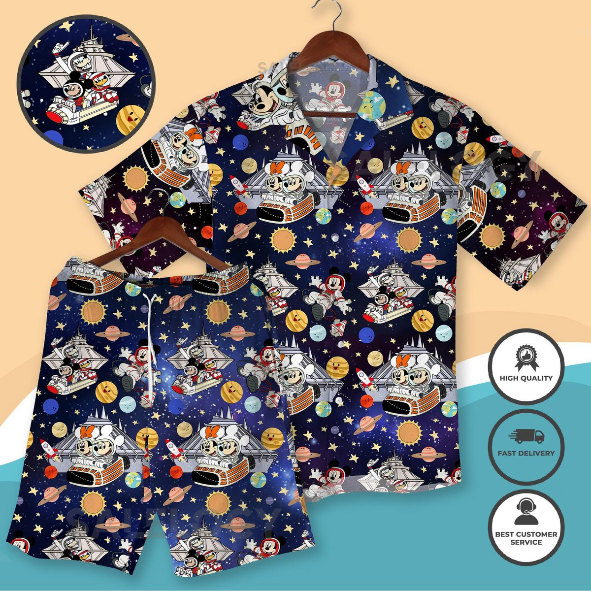Space Theme Mickey Minnie Hawaiian Shirt Funny Galaxy Print Shirt Cartoon Astronaut Outfit Men Cosmic Party Mickey Minnie Vacation Clothing_244
