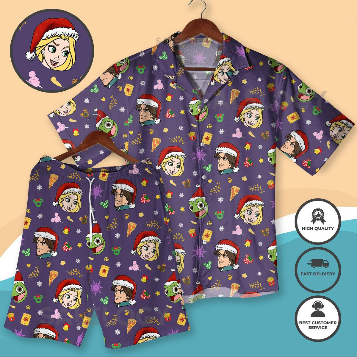 Christmas Fairy Tale Hawaiian Shirt Rapunzel Flynn Rider and Pascal Santa Hat Shirt Princess Hero Cartoon Outfit Christmas Shirt Gifts_15