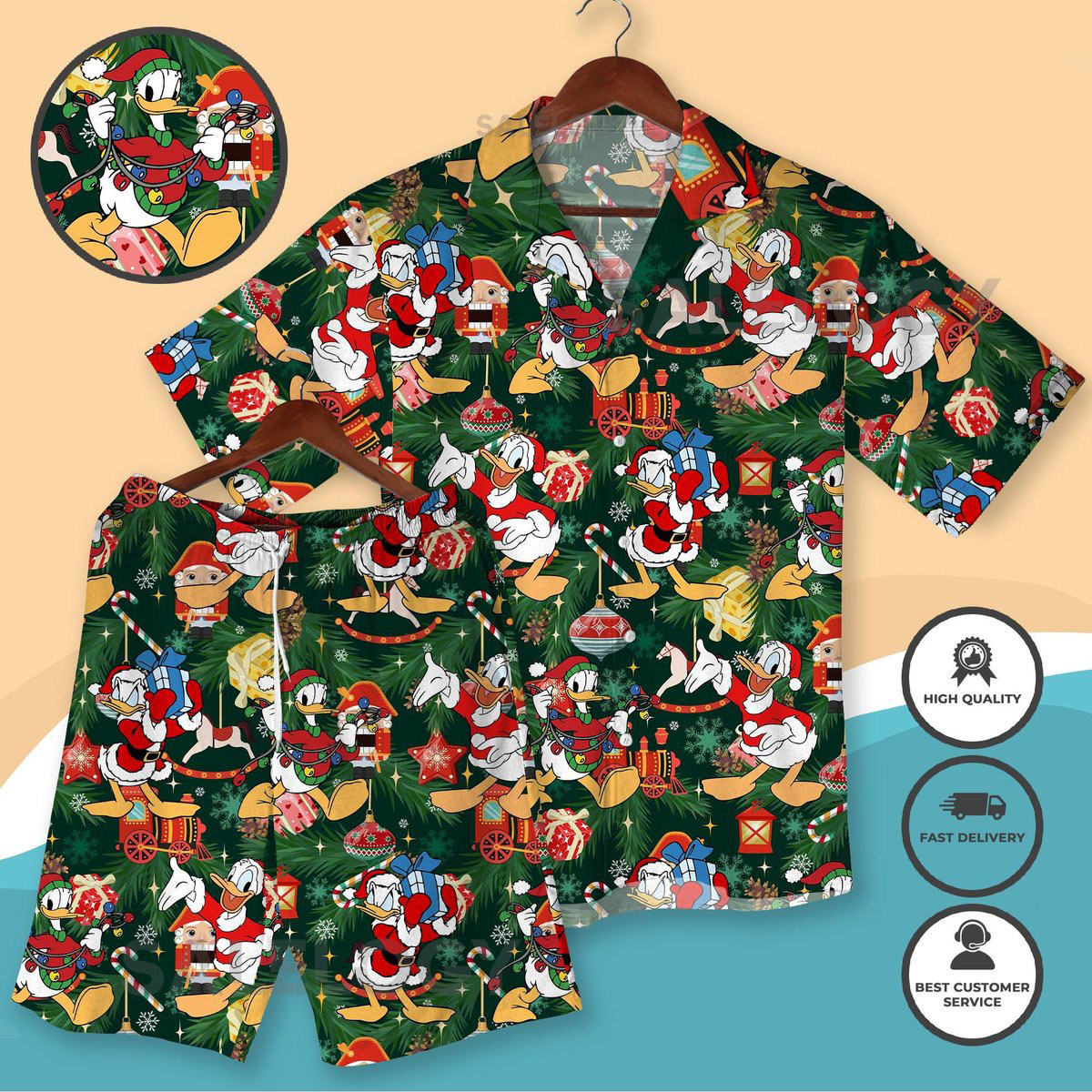 Donald Duck Christmas Hawaiian Shirt and Shorts Holiday Outfit Funny Xmas Matching Family Shirt Tropical Christmas Clothes Xmas Gifts Shirt_67