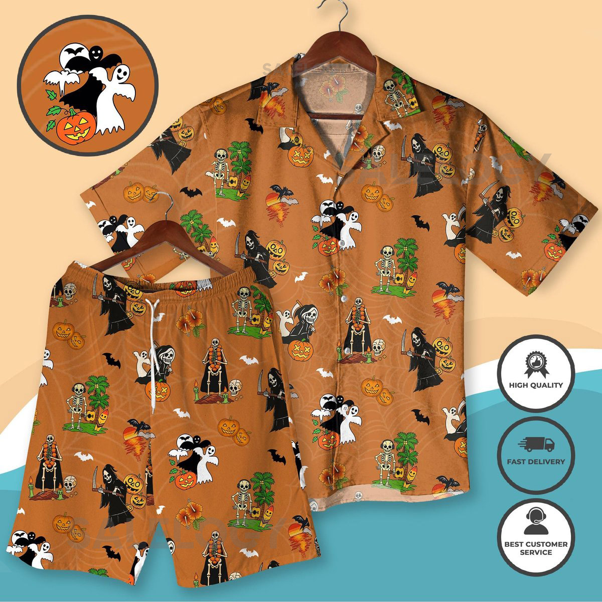Halloween Hawaiian Shirt and Shorts Halloween Ghost Grim Reaper Skeleton Outfit Spooky Party Costume for Him Her Halloween Hawaiian Shirt_92