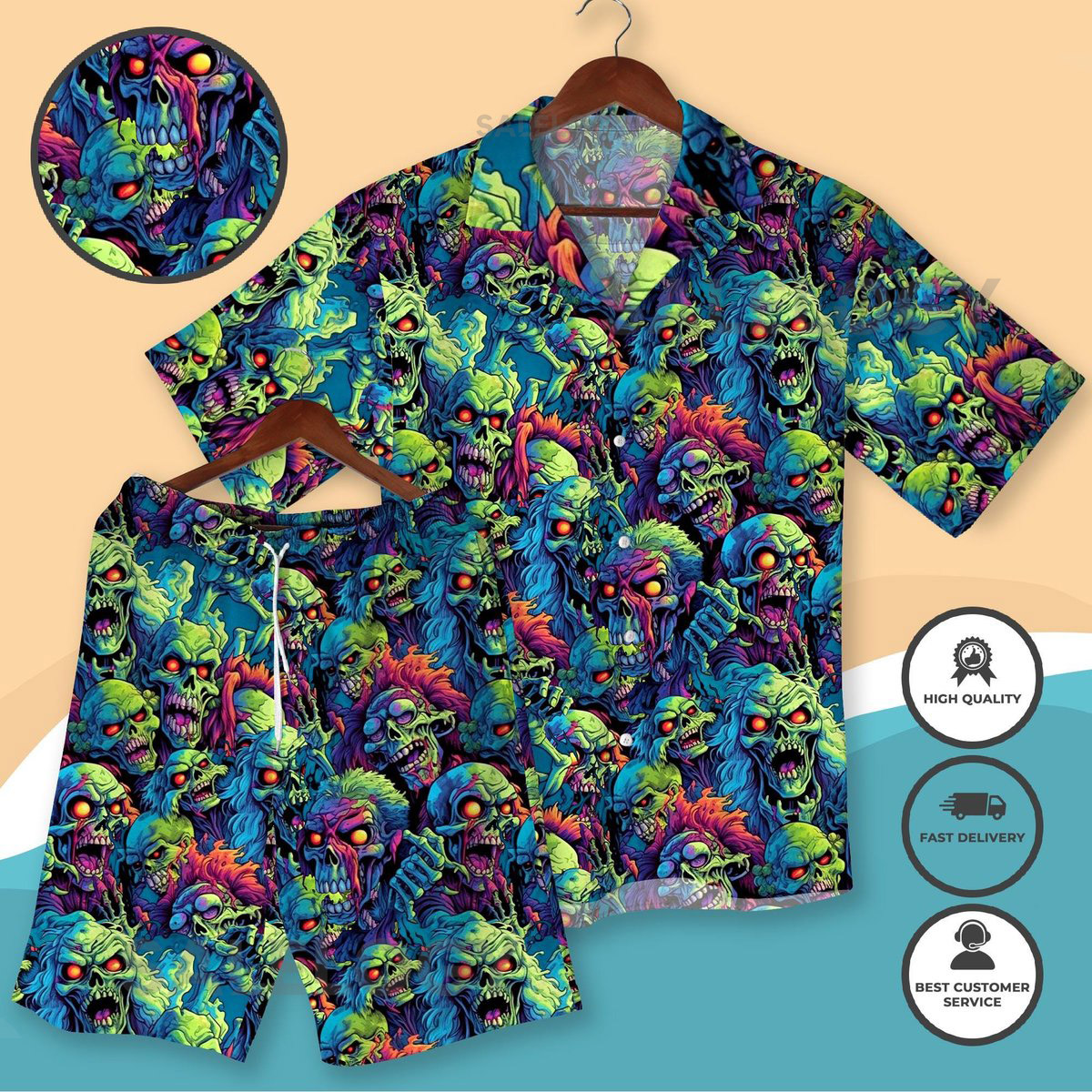 Vibrant Zombie Hawaiian Shirt Shorts Halloween Zombie Beach Outfit Halloween Party Gift Horror Fan Apparel Horror Movie Hawaiian Shirt_287