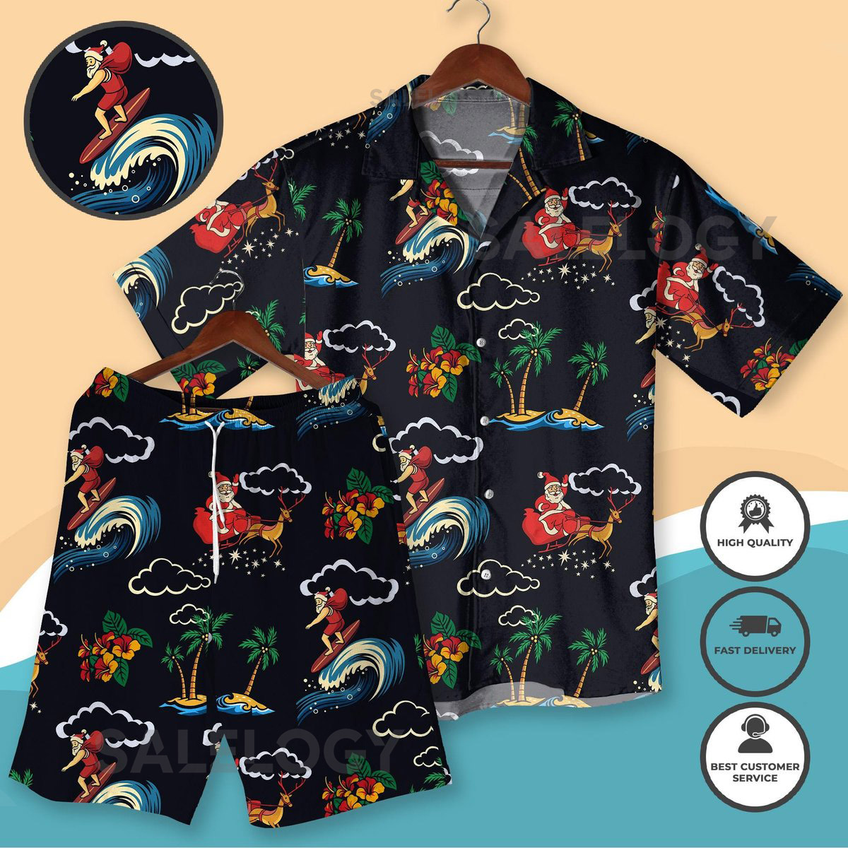 Santa Surfing Hawaiian Shirt Shorts Funny Christmas Vacation Outfit Christmas Holiday Party Gift for Him her Xmas Shirt Gifts idea_236