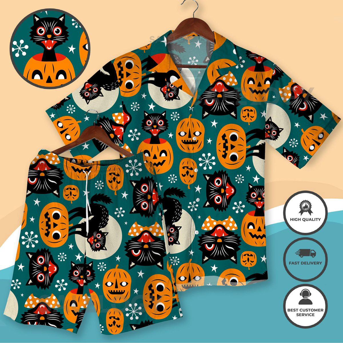 Black Cat Jack-O'-Lantern Hawaiian Shirt Shorts Halloween Spooky Halloween Outfit Cute Feline Lover Gift Hawaiian Shirt For Men Women_4