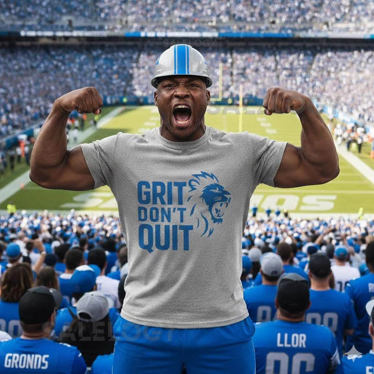 Detroit Lions GRIT DON'T QUIT Honolulu Blue Text Cotton Tee Unisex Heavy T-Shirt Detroit Football Fan Gift_249