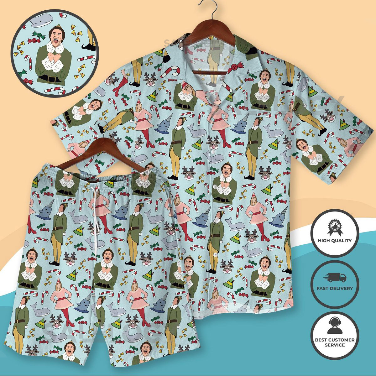 Buddy Christmas Movie Hawaiian Shirt and Shorts Funny Holiday Outfit Festive Summer Hawaiian Shirt for Men Women Xmas Shirt gifts_7